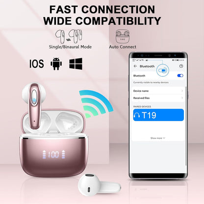 Wireless Earbud, Bluetooth Headphones 5.3 Built in 4 ENC Mic, Stereo Bass Wireless Earphones, 40H Bluetooth Earbud in-Ear LED Display, USB-C, IP7 Waterproof Sports Ear Buds for Android iOS, Rose Gold