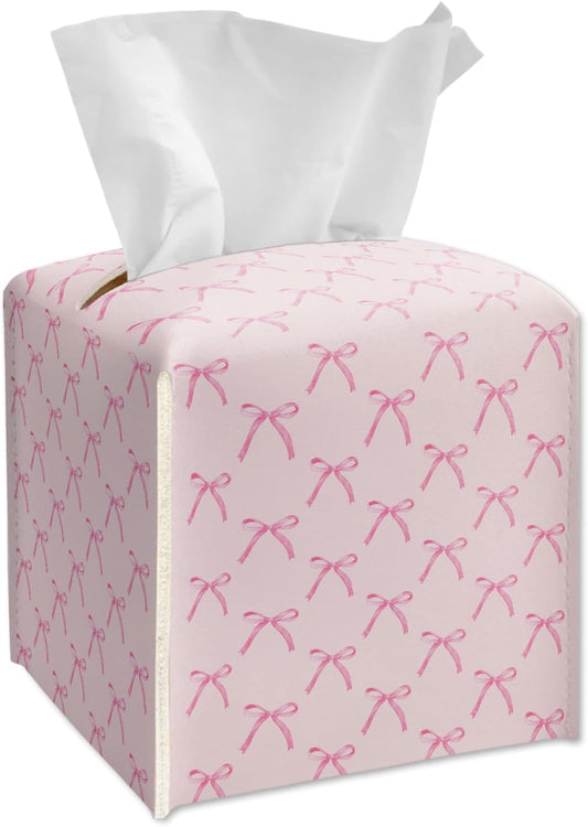 Tissue Box Cover Square - Pink Ribbon Bows Tissue Box Holder with Bottom Belt, Leather Facial Paper Holder for Bathroom Vanity Countertop, Nightstands, Dining Table, Office, Car -30