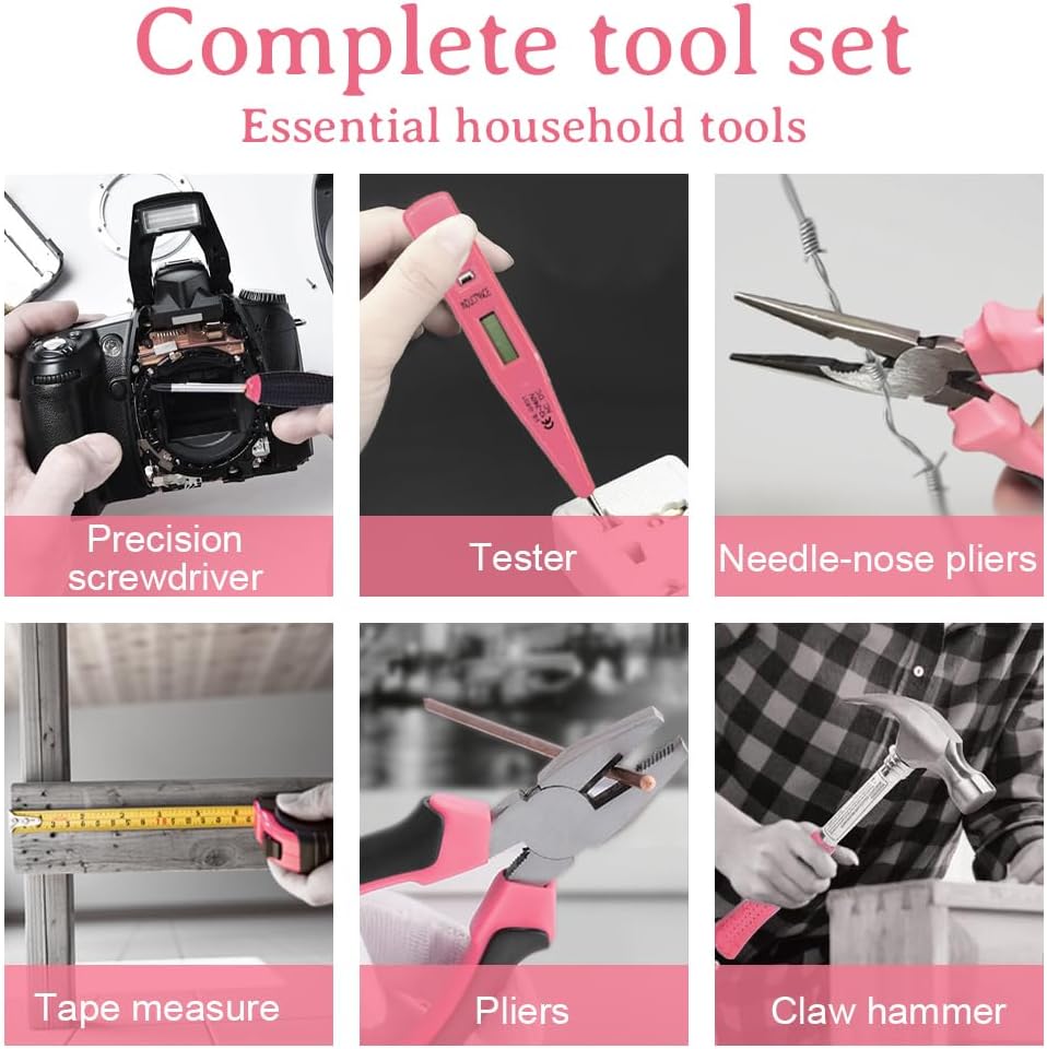 103Piece Pink Tool Set,Household DIY Tool Box for Women With Storage Case,Home, Office and College Dorm Toolkit of Starter Basic Ladies Tools