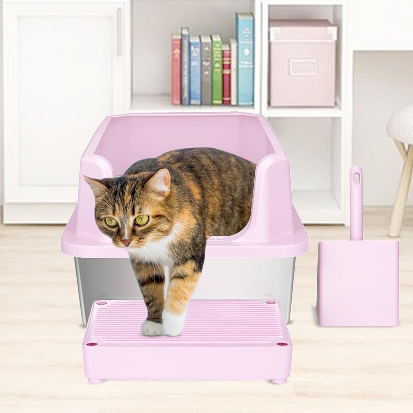 RIZZARI Large Pink Stainless Steel Cat Litter Box - Open-Top with Non-Stick Coating, High Sides Splash-Proof, Easy Clean for Cats up to 20 lbs, Ideal for Living Rooms & Apartments