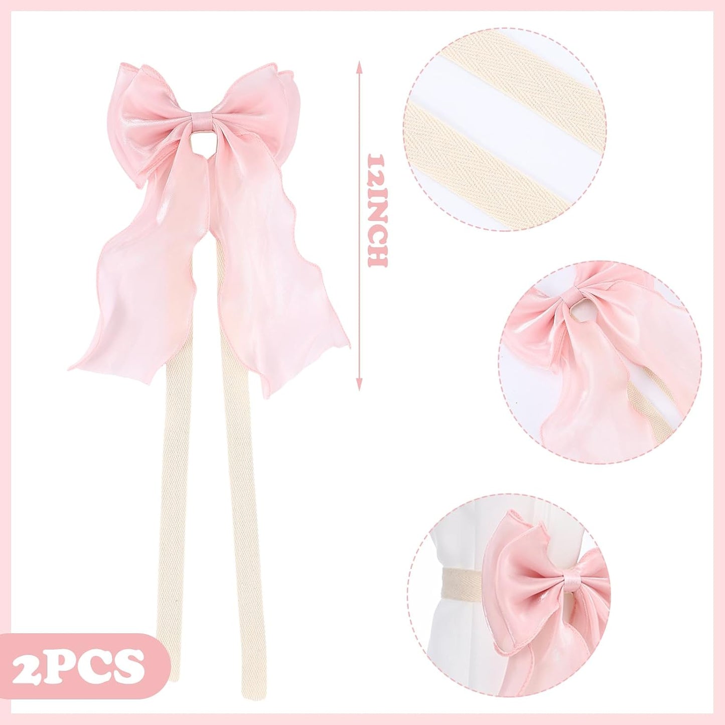 Norme 2-Pack Pink Silky Bow Curtain Tiebacks Coquette French Soft Lace Ribbon Tiebacks Elegant Decorative Bow Girly Holdbacks Rope for Drapery Wedding Nursery Birthday Party Decoration