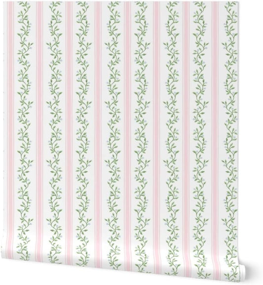 Peel & Stick Wallpaper Swatch - Pink Regency Stripe Cottagecore Neutral Traditional Soft Blue Pastel Greens Grandmillenial Custom Removable Wallpaper by Spoonflower