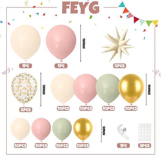 Sage Green Pink Balloon Arch Garland Kit, Sage Green Pink Sand White Beige Balloons with Gold Confetti Balloon Star Balloons for Jungle Safari Bridal Baby Shower Birthday Party Decoration