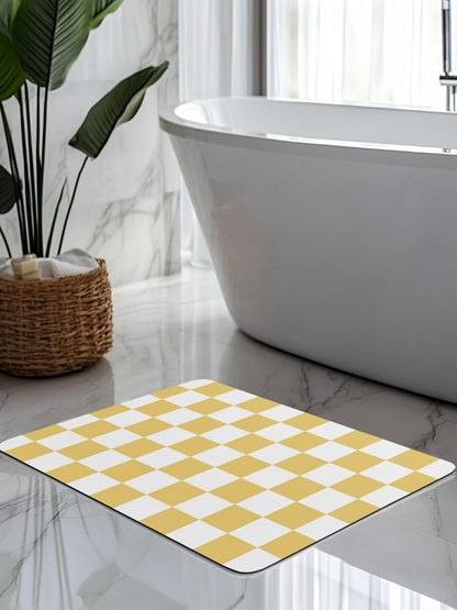 Lemon Yellow Plaid Stone Bath Mat, Modern Checkerboard Plaid Repeating Pattern 20" x 32" Super Absorbent, Dries Quickly, Non-Slip Diatomaceous Earth Bath Mats for Bathroom Kitchen Laundry