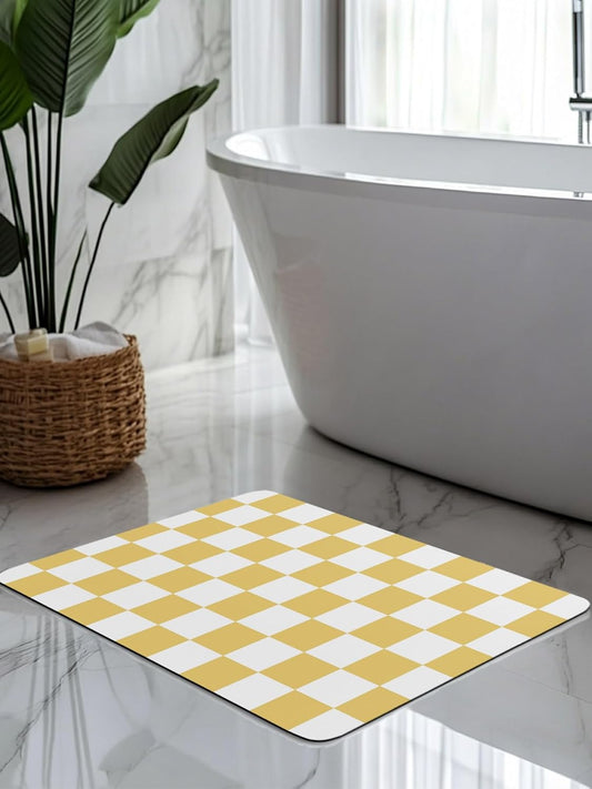 Lemon Yellow Plaid Stone Bath Mat, Modern Checkerboard Plaid Repeating Pattern 20" x 32" Super Absorbent, Dries Quickly, Non-Slip Diatomaceous Earth Bath Mats for Bathroom Kitchen Laundry