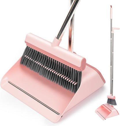 Broom and Dustpan Set with Dustpan Teeth SelfCleaning, Upright Stand Duspan and Brush with 53'' Long Adjustable Handle for Indoor&Outdoor Sweeping Home Office Floor Cleaning Broom with Dust pan-Pink
