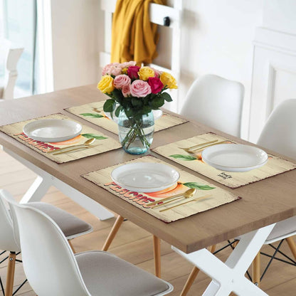 Pink Peaches Placemats Set of 4, Washable PVC Kitchen Table Mats Place Mats, Vintage Farmhouse Botanical Fruit Leaves Woven Vinyl Placemat for Dining Table, 13" x 19"