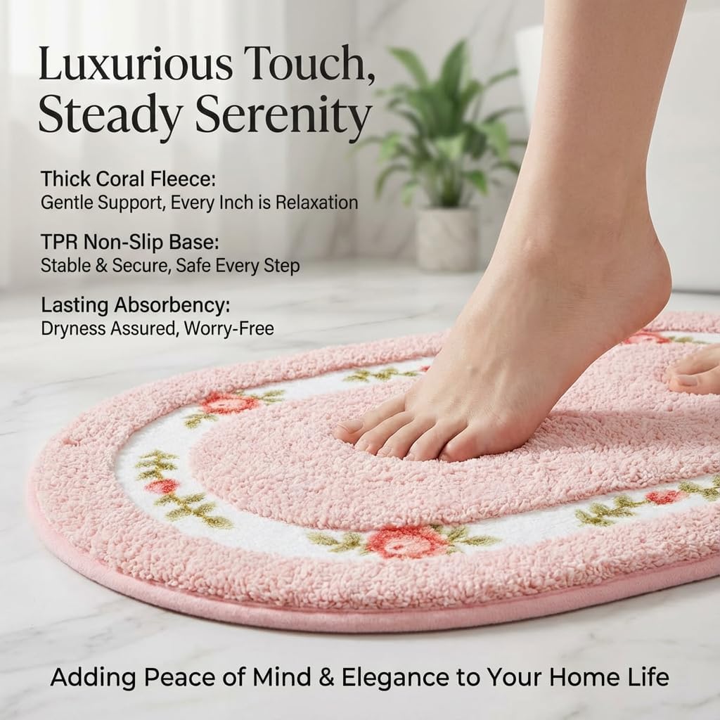 Romantic Rose Flower Pink Bath Mat - Super Soft Non-Slip Absorbent Rose Rug for Bathroom Bedroom Living Room and Entryway (15.7 x 23.6 Inches, Oval)