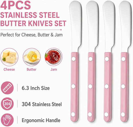 4PCS Stainless Steel Butter Knives Set: 6.3 Inch Cheese Spreader 304 Stainless Steel with Ergonomic Handle for Cheese, Butter & Jam (pink)
