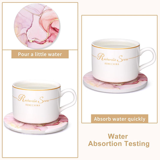 6 Pcs Pink Marble Abstract Ceramic Coasters with Holder Best Round Drink Absorbent Coaster for Desk, Lounge, Coffee Table, Wine, Beverage, Bar Coasters Set