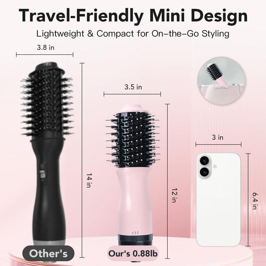 Mini Dual Voltage Hair Dryer Brush, 900 Watts 2 Inch Oval Ceramic Hot Air Brush, One Step Hair Dryer and Styler for Travel, Suitable for All Hair Types, Pink