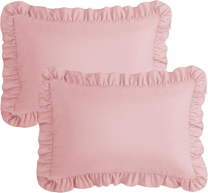 KKJIAF Ruffle Pillow Cases Queen Size Set of 2, Ruffled Pillow Covers with Envelope Closure, Wrinkle Resistant Pillowcases 20" x 30", Ruffled Pillow Shams, Light Pink