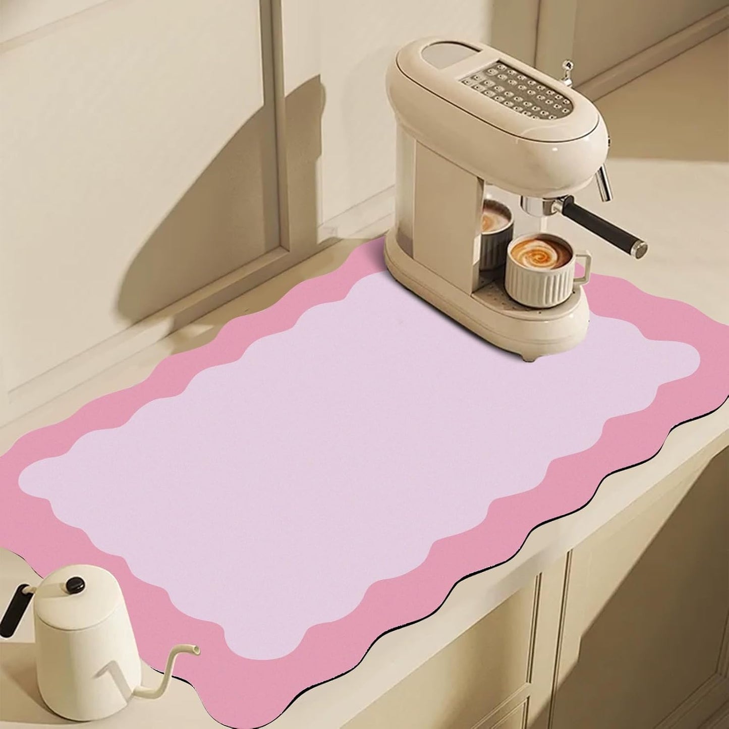 Scalloped Coffee Bar Mat for Countertop, Cute Dish Drying Mats for Kitchen Counter, Diatomite Absorbent Mat for Coffee Station, Kitchen Aesthetic Decor (12"x19", Pink)