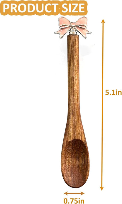 Wooden Stir Spoon for Honey Coffee Stirring Tea Yogurt Jars, Cute Small Wooden Spoon for Eating, Collection Spoons, Holiday Wooden Teaspoon 5.1 Inches Length(4pcs) (Pink bowknot)