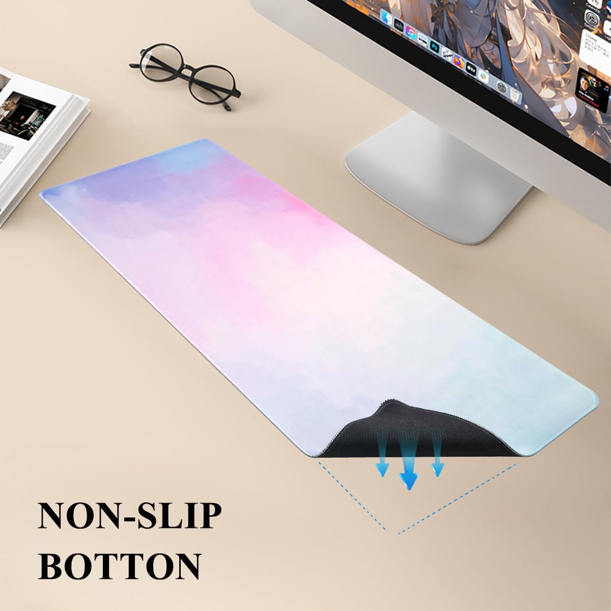 Gaming Desk Mat with Keyboard Wrist Rest Set, 4 in 1 Large Mouse Pad & Cloud Keyboard Wrist Rest& Mouse Wrist Rest&Coaster, Comfort and Support for Typing and Gaming, Rainbow