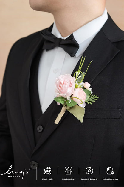 Ling's moment Boutonniere for Men, 6pcs Groom Groomsmen Boutonniere, Artificial Flowers for Wedding Decor/Prom/Homecoming, etc.Blush Pink