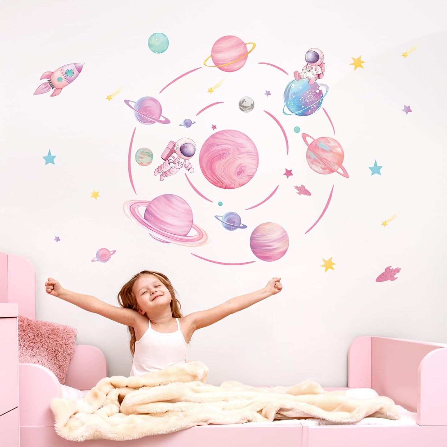 Pastel Pink Planet Orbits Wall Decals, Fantasy Outer Space Themed Wall Stickers with Rocket Astronaut and Stars for Kid's Bedroom, Nursery, Playoom, Peel and Stick Reusable