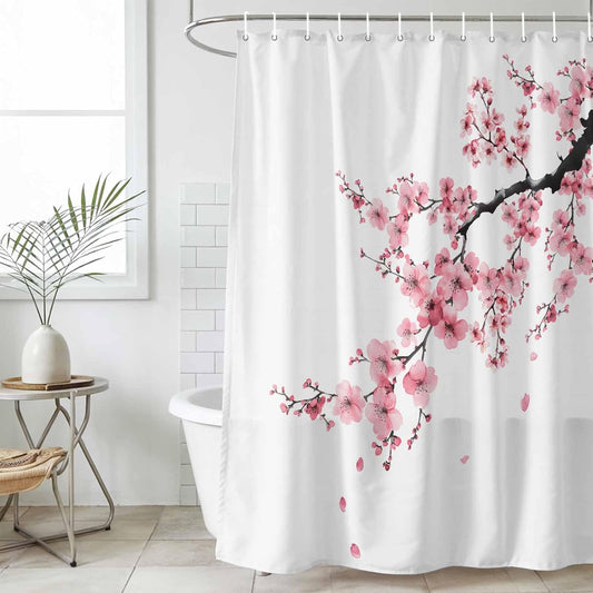 T&H XHome Spring Shower Curtain Cherry Blossom Watercolor Pink Shower Curtains for Bathroom Polyester Waterproof Fabric Cloth Home Bathtub Decor with Hooks 72x84 Inch