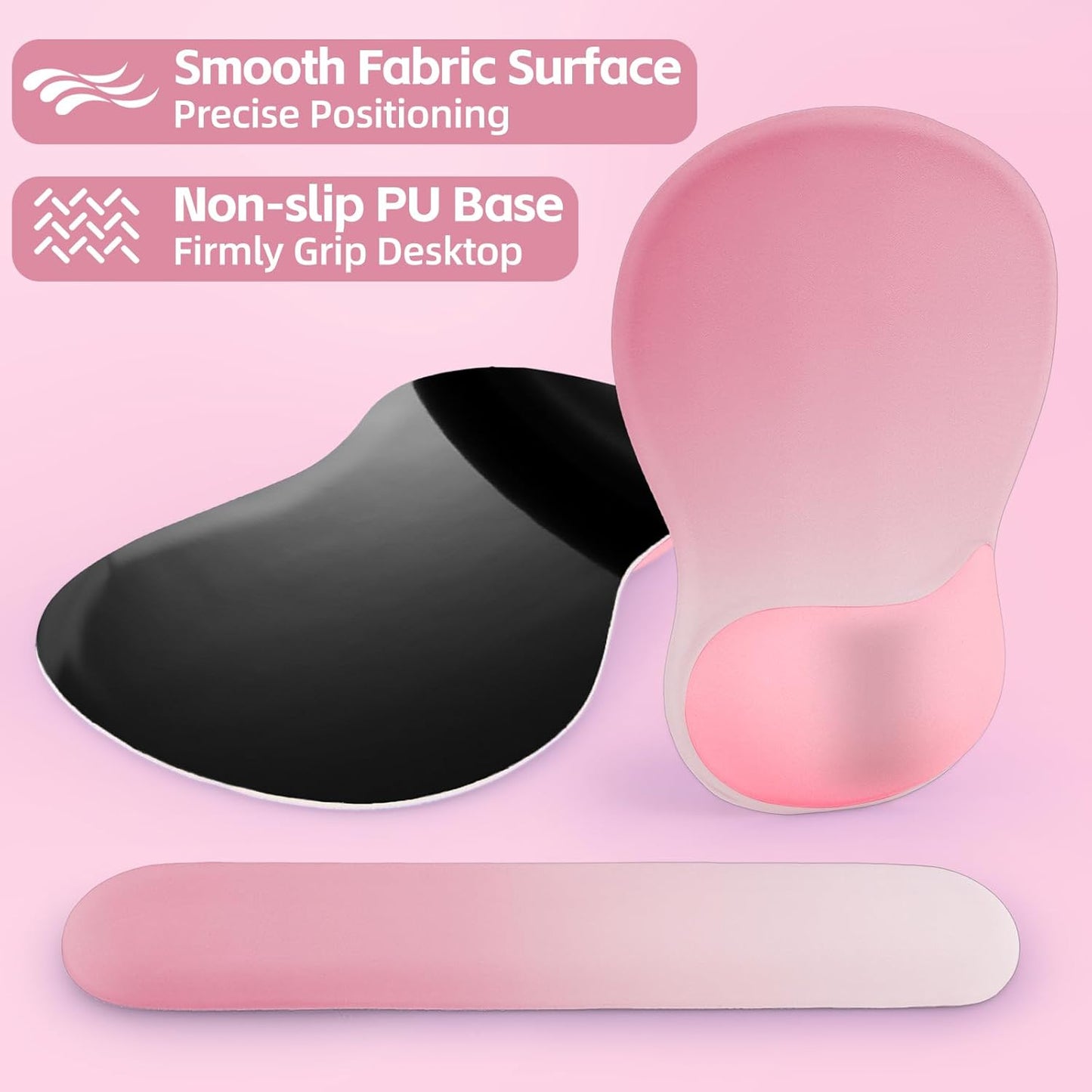 Boutilon Mouse Pad Set,Desk Writing Pad with Wrist Rest, Ergonomic Wrist Support Mouse Pad, Keyboard Wrist Rest, Cup Coaster for Gaming Working Home Office (Rose Pink)