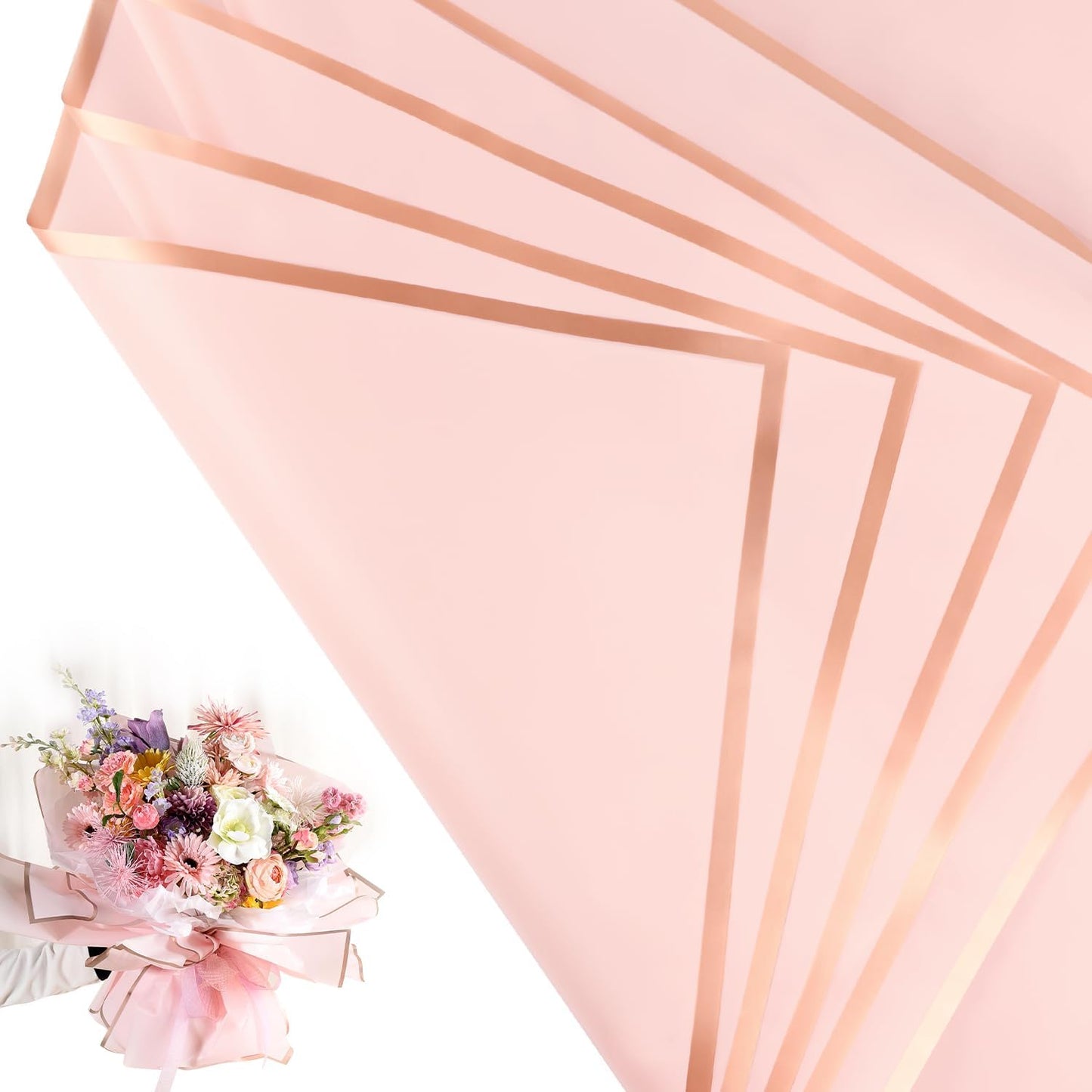30 Sheets Pink Gold Edge Flower Bouquet Wrapping Paper，Florist Supplies Fully Water-Resistant Floral Bouquet Wrapping Paper Bouquet Accessorie，Flower Shop Packaging Pape for DIY Gift Wedding Birthday