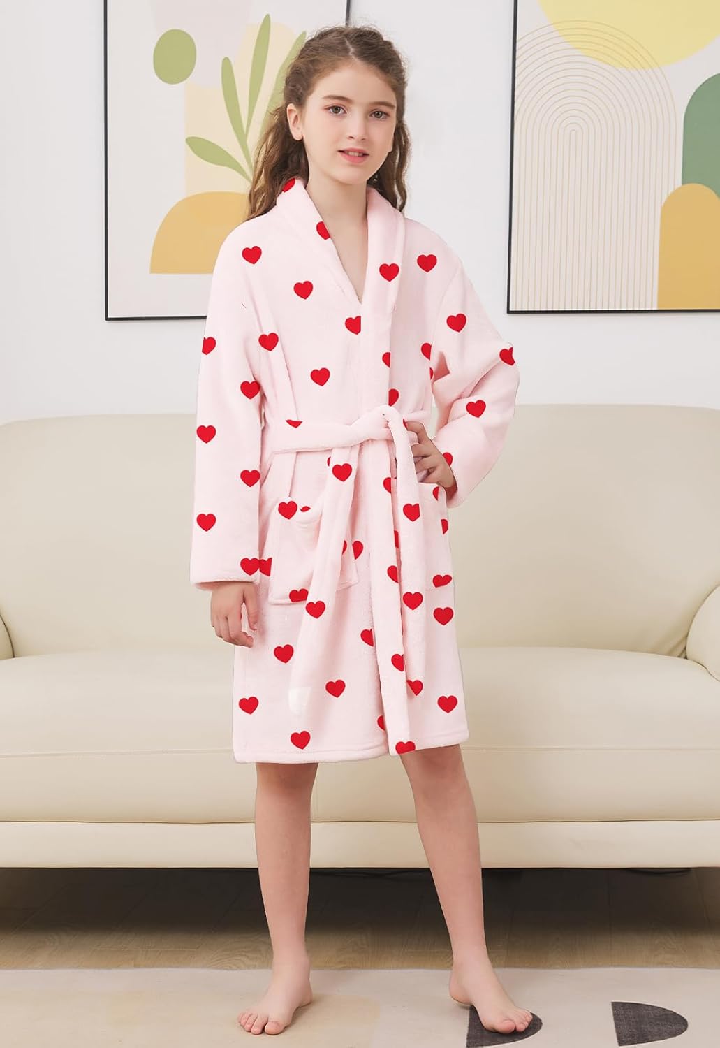 Umeyda Girls Robe, Shawl Collar Fuzzy Fleece Bathrobes with Belt and Pockets for Kids Boys, 2-15 Years