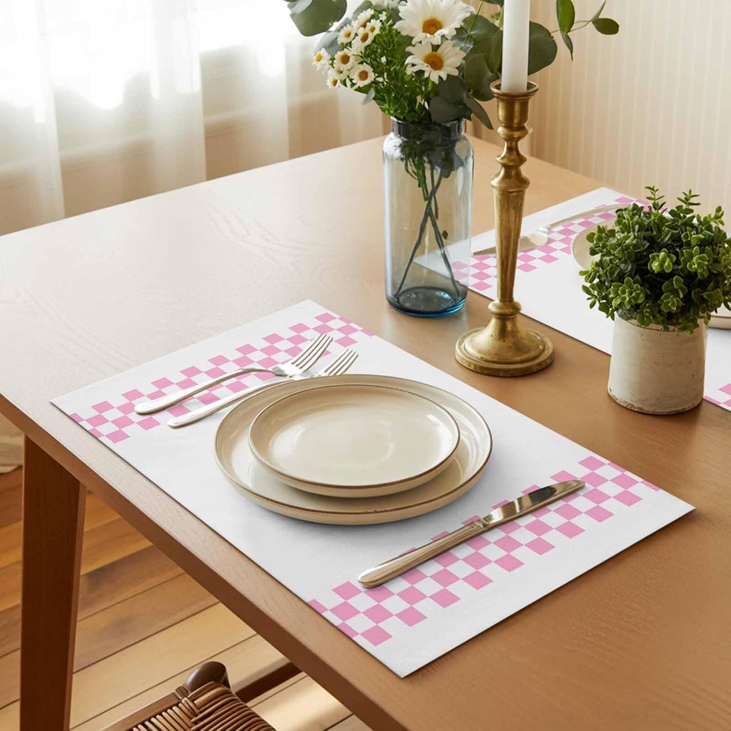 Pink Check Plaid Placemat Set of 4 Non-Slip Placemats for Dining Table Buffalo Farmhouse Style Pattern Washable Table Mats, Heat Resistant Kitchen Table Mats for Party, Dining Room & Home Decor