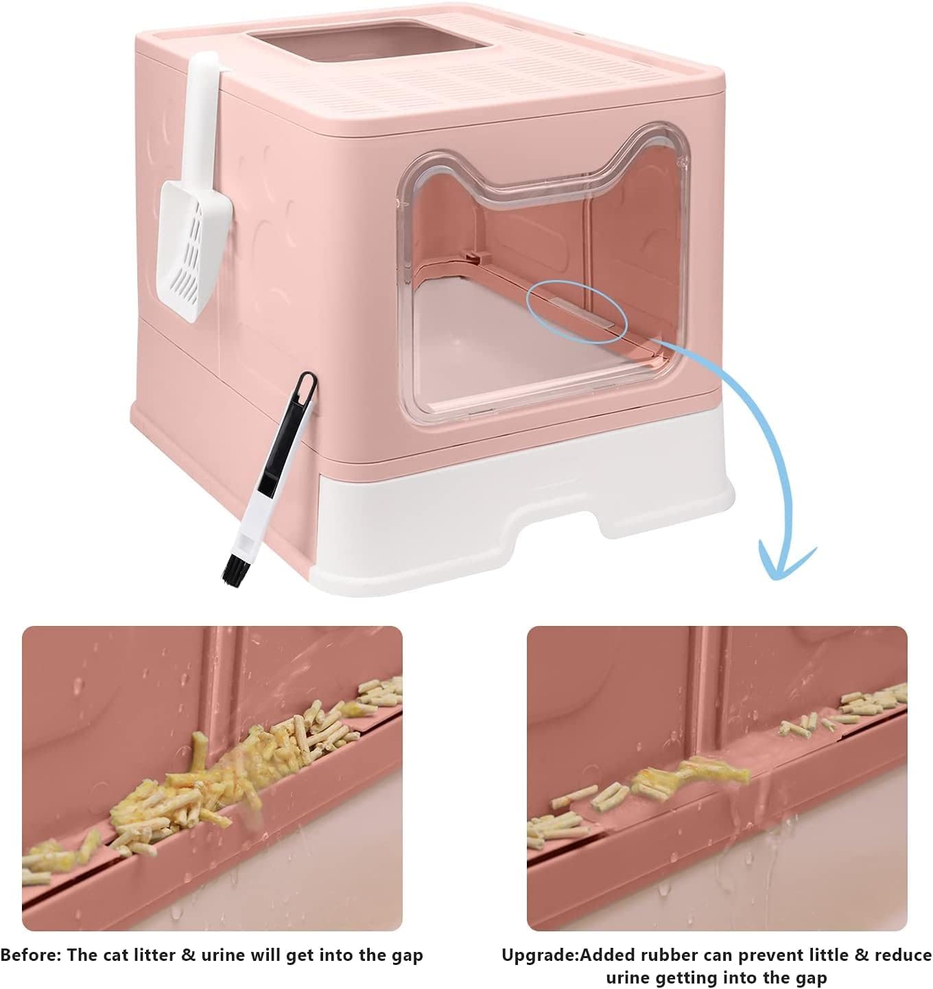 Foldable Cat Litter Box with Lid, Enclosed Potty, Large Top Entry Anti-Splashing Toilet, Easy to Clean Including Litter Scoop and 2-in-1 Cleaning Brush (Pink)