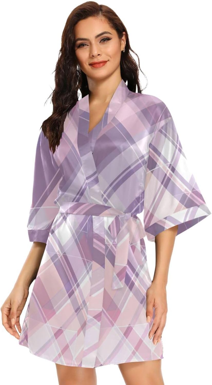 Pastel Pink and Purple Tartan Plaid Womans Bathrobes Warm Woman V Neck Nightshirts for Hospital