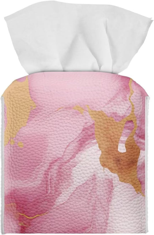Tissue Box Cover Decorative Holder PU Leather Square Novelty Case Dispenser for End Table, Office Desk, Nightstand, Home Decoration, Pink Marble