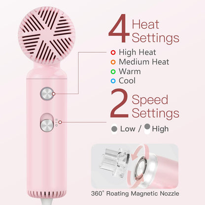 Webeauty Mini Hair Dryer with Diffuser, 110,000RPM High-Speed Motor, 200M Negative Ions Protect, 3-Temp & 2-Speed Settings, Lightweight Travel-Friendly Blow Dryer with Magnetic Attachments (Pink)