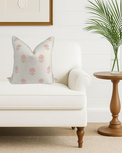 Jillien Harbor “The Lauderdale” Floral Block Print Pillow Cover – Blush Pink and Off-White Decorative Throw Pillow Cover – Grandmillennial Home Decor, 20" x 20"
