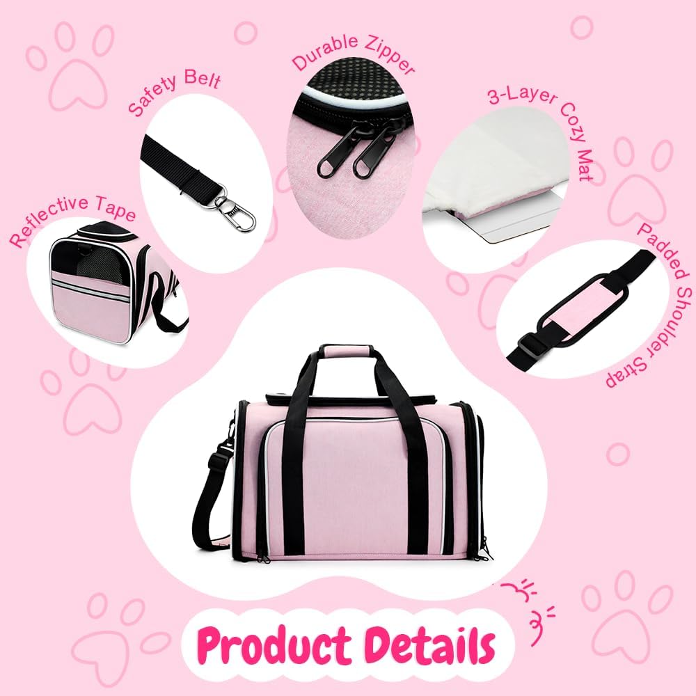 Double Expandable Cat Carrier,Airline Approved Soft-Sided Pet Travel Carrier for Small Dogs Cats under 15 lbs,Waterproof 600D Oxford Fabric with Washable Replacement Liner,Odor-Free & Claw-Proof(Pink)