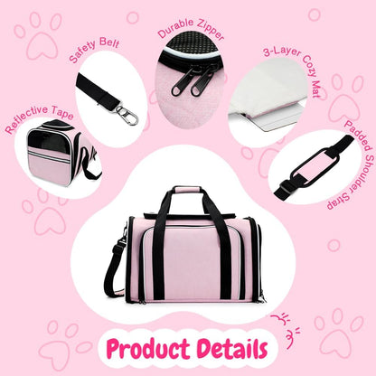 Double Expandable Cat Carrier,Airline Approved Soft-Sided Pet Travel Carrier for Small Dogs Cats under 15 lbs,Waterproof 600D Oxford Fabric with Washable Replacement Liner,Odor-Free & Claw-Proof(Pink)
