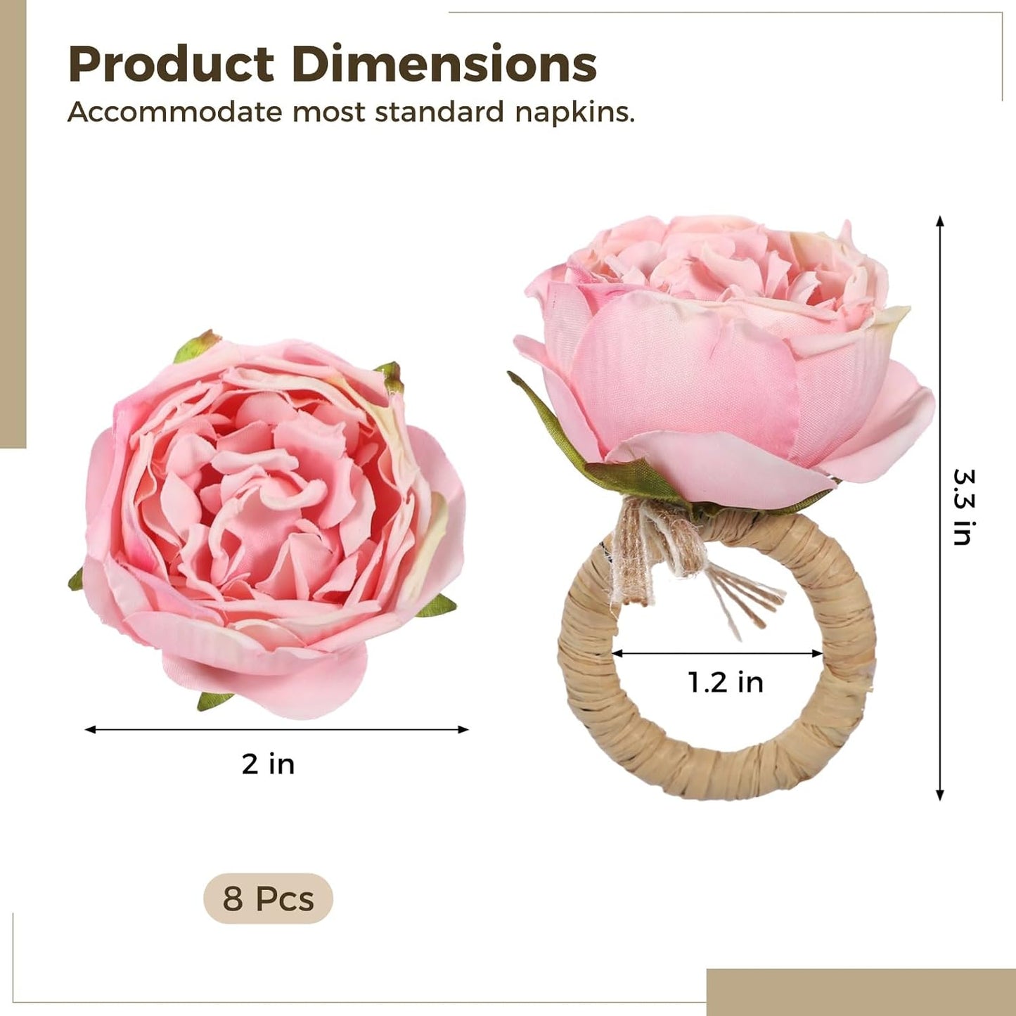 8 Pcs Pink Rose Napkin Rings, Floral Fabric Napkin Holders for Dining Table, Romantic Table Decorations for Valentine's Day, Wedding, Thanksgiving, Birthday Party