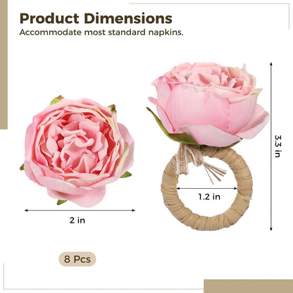 8 Pcs Pink Rose Napkin Rings, Floral Fabric Napkin Holders for Dining Table, Romantic Table Decorations for Valentine's Day, Wedding, Thanksgiving, Birthday Party