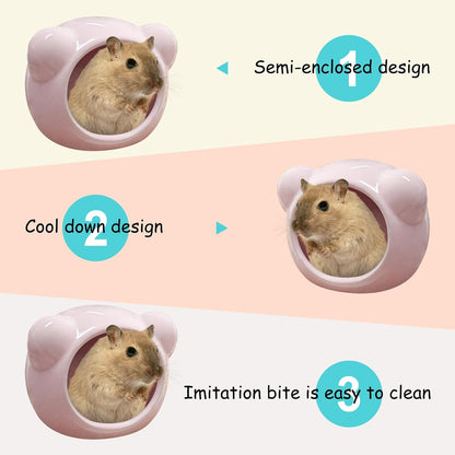 Ceramic Hamster House, Cute Animal Shaped Hamster Cave, Summer Cool Small Animal Hideout Habitat Decor for Dwarf Hamsters (Pink)