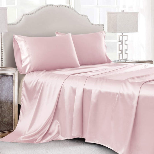3 Pcs Blush Pink Satin Sheets Twin Size Soft Silky Satin Bedding Sheets Set with 1 Deep Pocket Fitted Sheet, 1 Flat Sheet, 1 Pillowcase