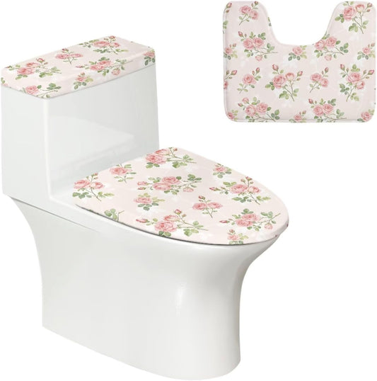 Pink Rose Toilet Seat Cover and U Shaped Rug 3 Pcs Set, Anti-Slip Toilet Lid Tank Cover Contour Mat Easy to Install Universal Fit Round Oval Elongated Toilets for Home, Floral Bathroom Decor