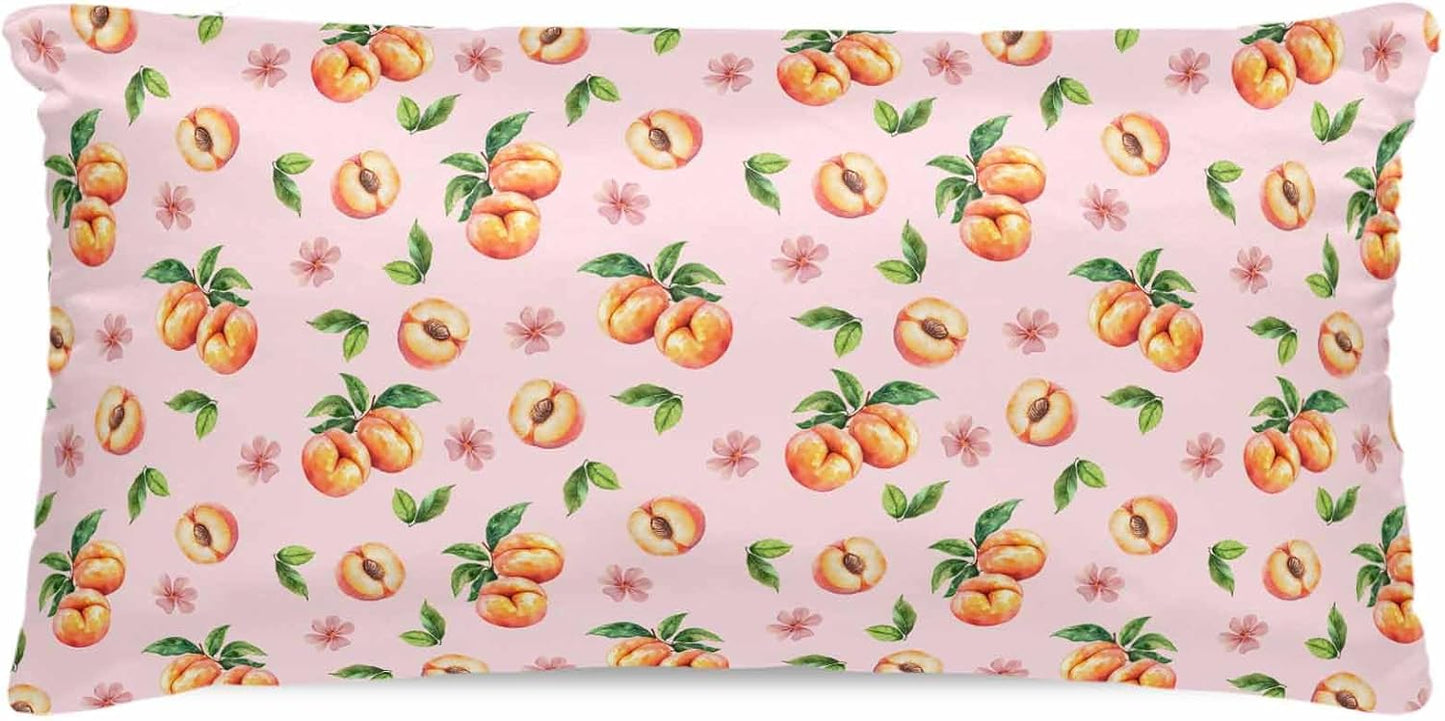 Peaches Pink Satin Pillowcase for Hair and Skin with Zipper, Soft Breathable Cooling Silk Pillow Cases, Summer Fruit Country Flowers Watercolor Throw Pillow Covers King Size 20''x40''