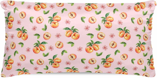 Peaches Pink Satin Pillowcase for Hair and Skin with Zipper, Soft Breathable Cooling Silk Pillow Cases, Summer Fruit Country Flowers Watercolor Throw Pillow Covers King Size 20''x40''