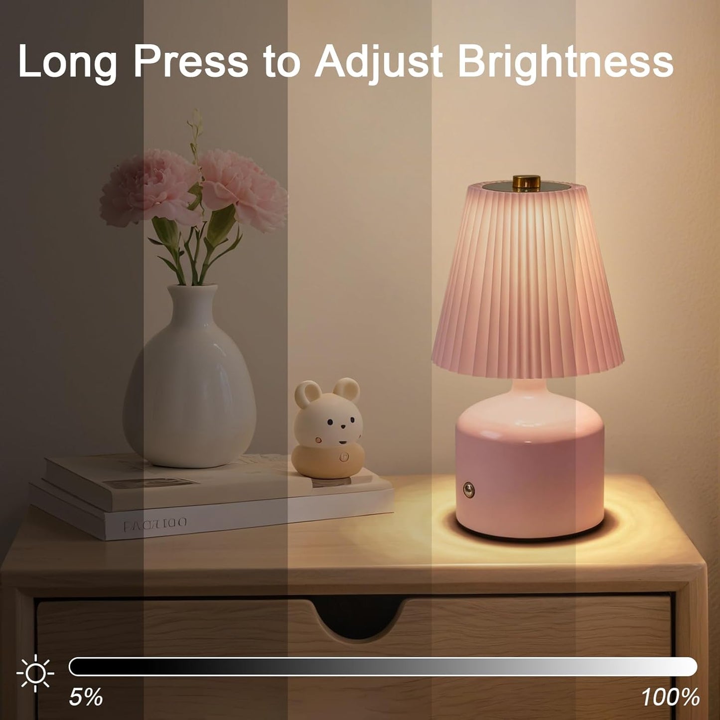 Small Bedside Lamp Rechargeable Table Lamp, Touch Lamps for Nightstand 3 Color Stepless Dimming, Metal Base Pleated, for Bedside, Bedroom, Dining Room, Living Room (Pink)