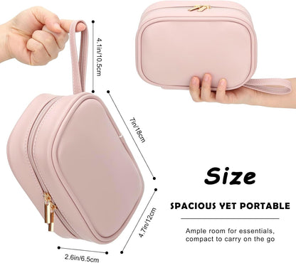 E-Tree PU Leather Makeup Bag for Women – Double Zipper Travel Cosmetic Bag Organizer, Waterproof Small Toiletry Pouch for Girls, Skincare & Accessories, Cute Pink Makeup Case with Wrist Strap