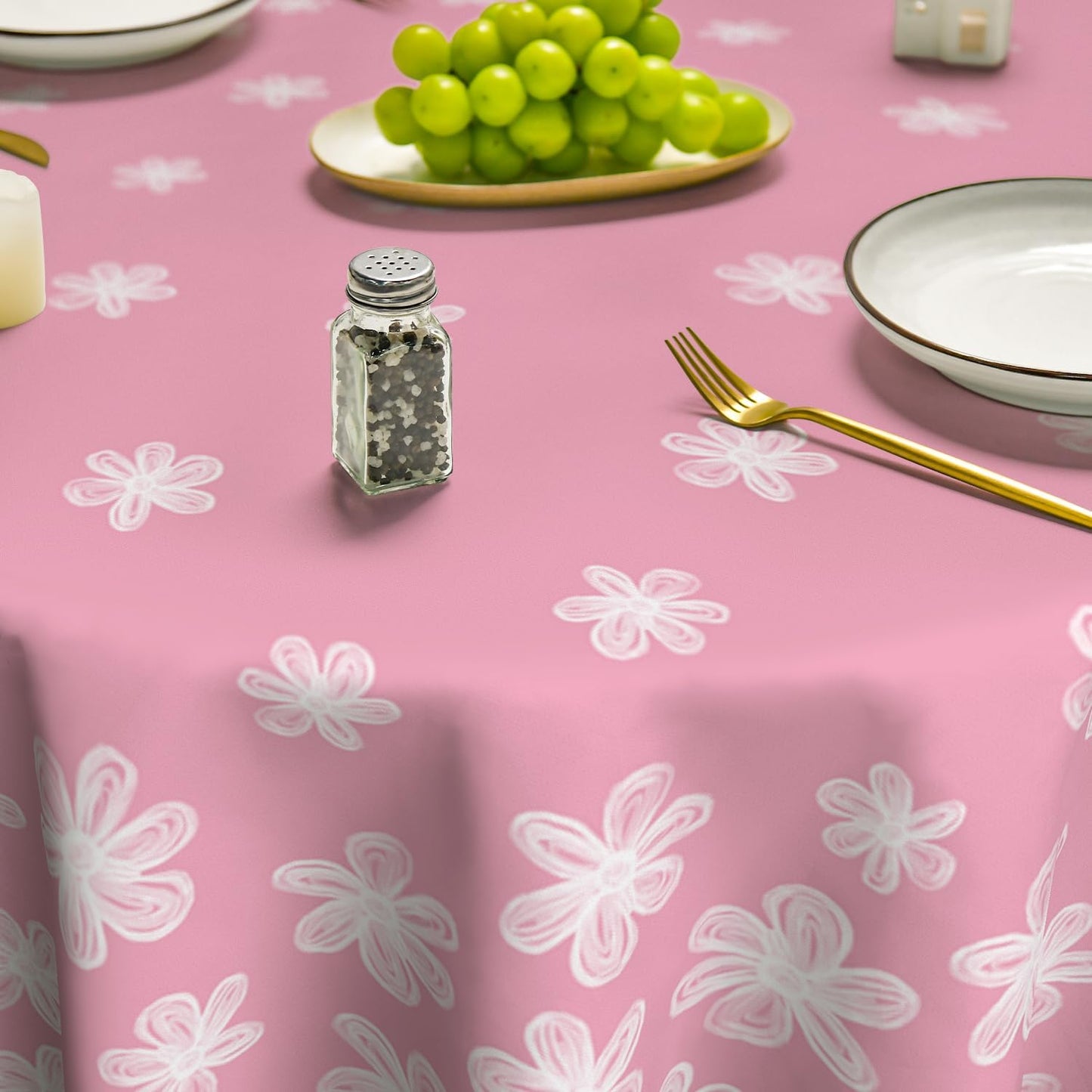 Horaldaily Spring Tablecloth 70×70 Inch Round, Sketchy Style Flowers Pink Washable Seasonal Table Cover for Party Picnic Dinner Decor
