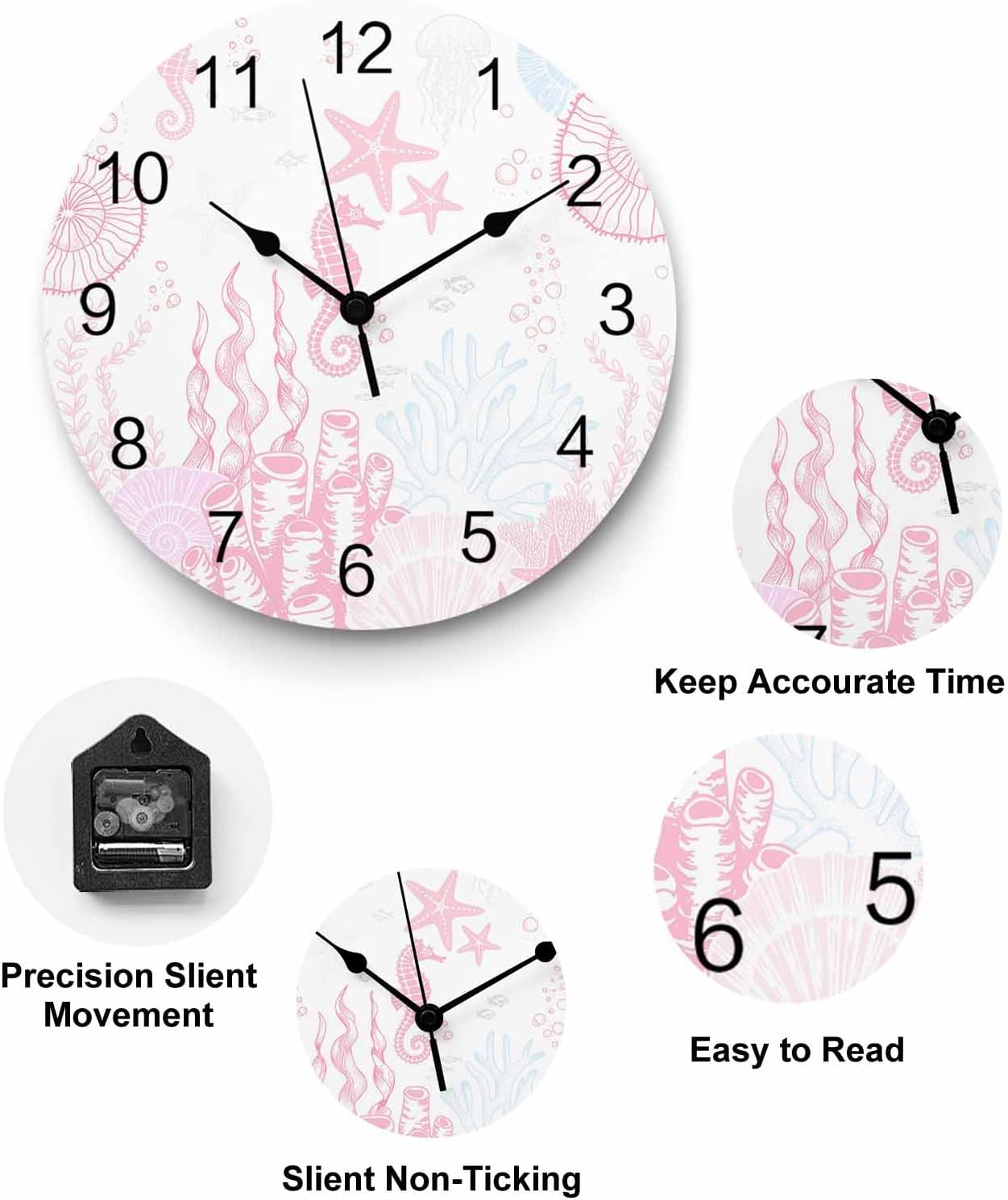 Wall Clock Pink Coral Clocks PVC Silent Non-Ticking Battery Operated Decorative Starfish Seahorse Seahorse Shell Round Clock for Home Living Room Kitchen Bedroom Office School Wall Decor 10 Inch