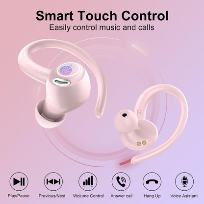 Wireless Earbuds Bluetooth 5.3 Headphones Sports, 48H Earphone with ENC Mic, Stereo Deep Bass Bluetooth Earbuds with Secure Earhooks, LED Display, IPX7 Waterproof Over Ear Buds for Running Coral Pink