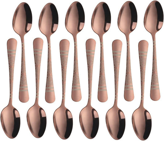 Rose Gold Unique Pattern Design Coffee Espresso Spoons Mini, Mingcheng Stainless Steel Small Teaspoons Silverware Set of 12, BISDARUN 5.5 Inches Food Spoons for Demitasse Dessert Tea