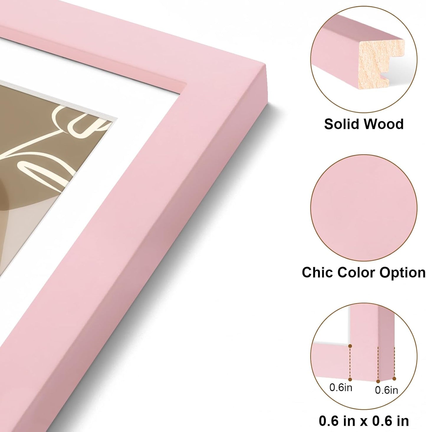 Vittanly 4x6 Picture Frame, Solid Wood Frame with Plexiglass, Includes 3.5x5 Mat, Wall Hanging or Tabletop for Photos, Home Decor, Pale Pink, 1 Pack