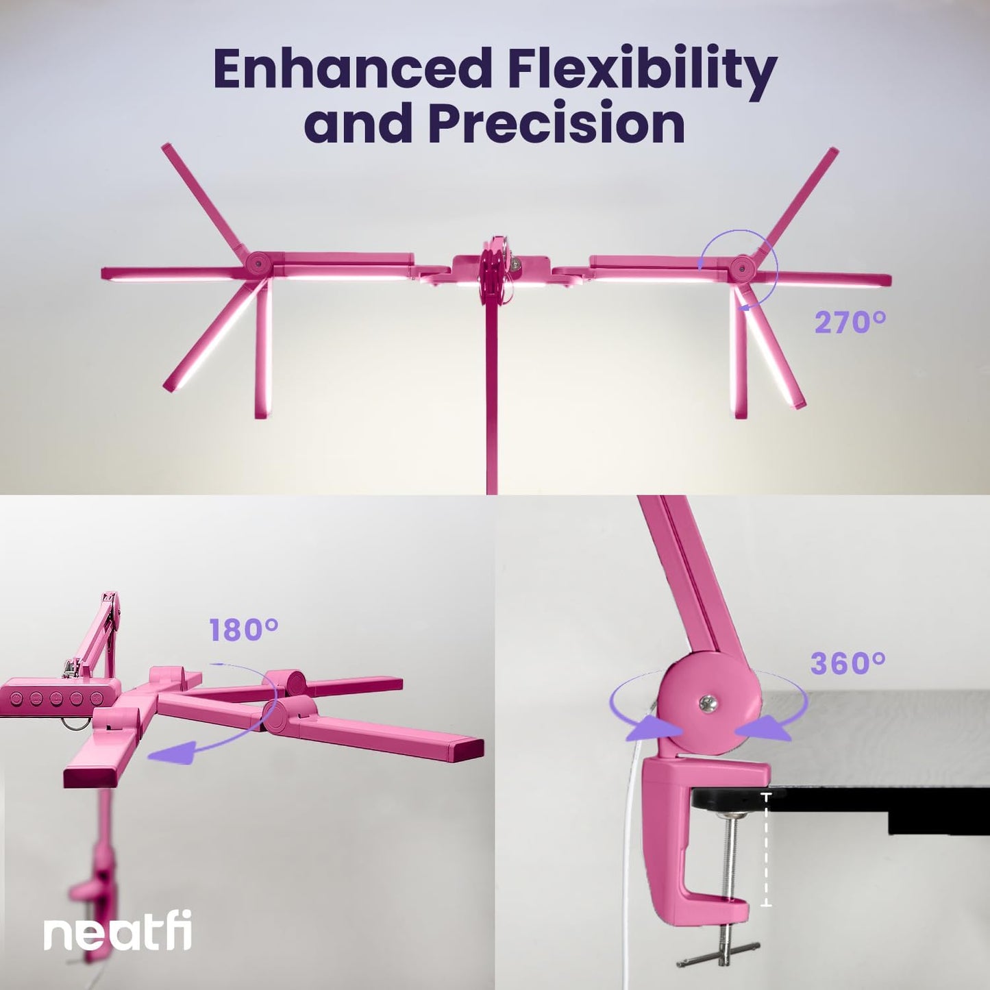 Neatfi 3,000 Lumens LED Desk Lamp, Dimmable, 360 SMD LEDs, 30W, CRI 95, Adjustable Light Modes, Task Lamp for Home Office, Study, Workstation (Pink, 44-Inch, CCT with Clamp)