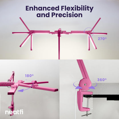 Neatfi 3,000 Lumens LED Desk Lamp, Dimmable, 360 SMD LEDs, 30W, CRI 95, Adjustable Light Modes, Task Lamp for Home Office, Study, Workstation (Pink, 44-Inch, CCT with Clamp)