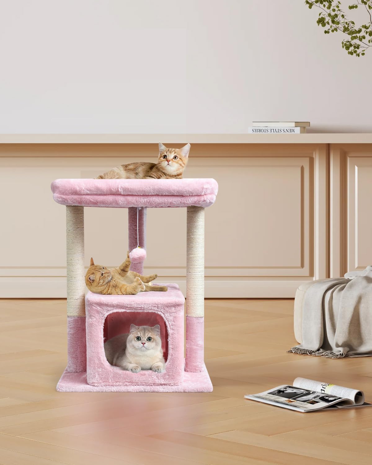 SYANDLVY Small Cat Tree for Indoor Cats Large Adult, 27" Activity Tower with Scratching Posts, Modern House with Padded Perch, Kittens Condo, Cat Cave, Pink